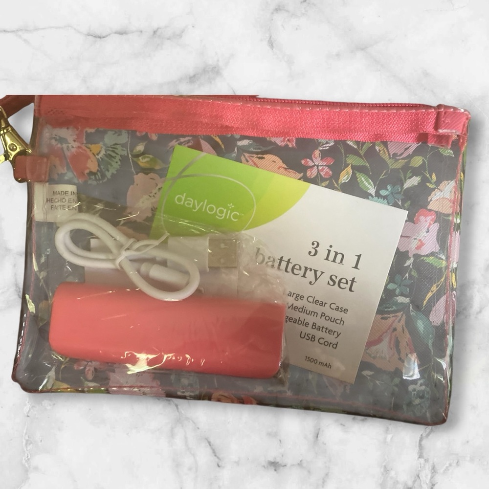 Daylogic 3-in-1 Battery Charging Bank & USB Cord, Floral Pouch, and Clear Pouch